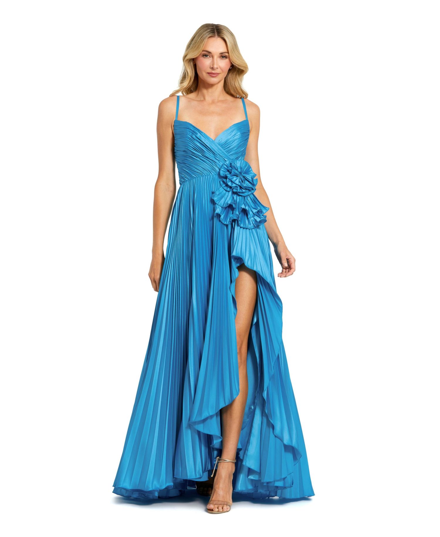 Women's Pleated Charmeuse Gown with Floral Detail, and High Slit