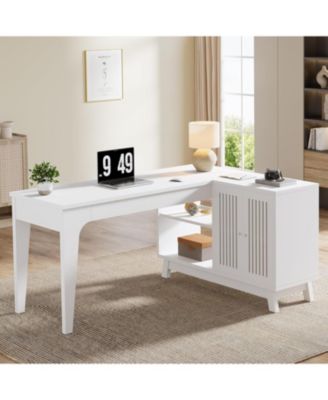 L-Shaped Desk with Storage Cabinet, 57-Inch Wood Corner Workstation, Home Office Computer Desk