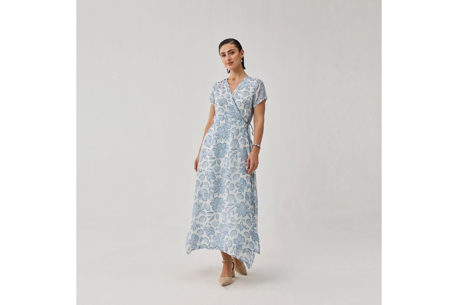 Women's Floral Print Tie Waist Wrap Maxi Dress