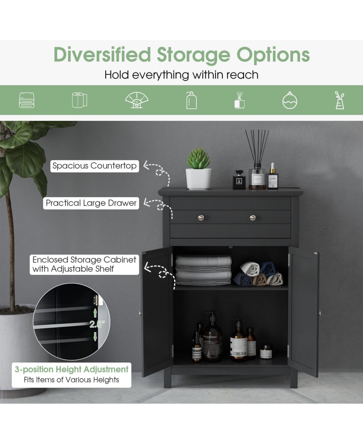 sumyeg 2-Door Freestanding Bathroom Storage Cabinet with Drawer and Adjustable Shelf