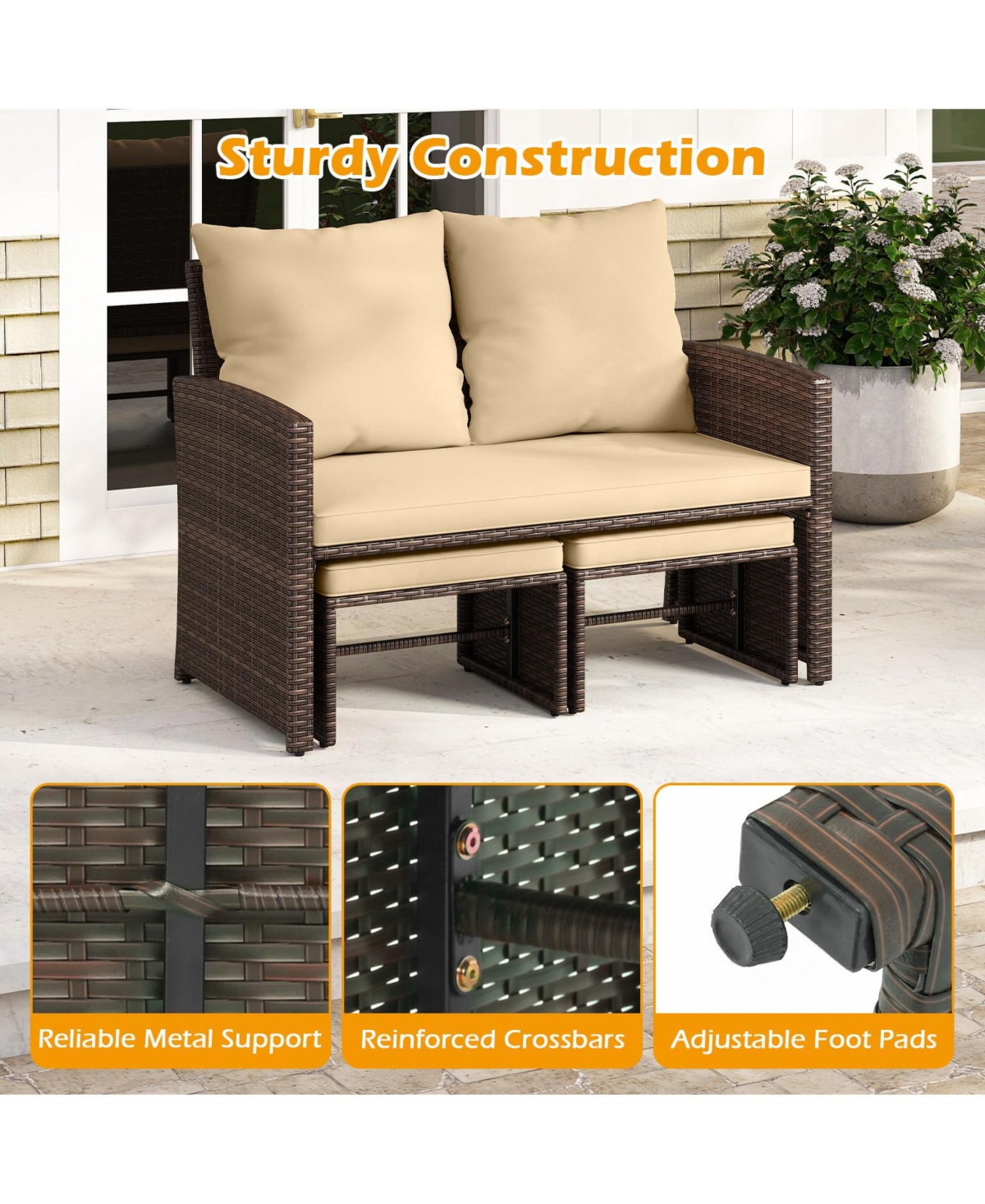 Gymax Loveseat w/ Ottomans Set of 3 Patio Pe Wicker Furniture Set w/ Cushions Outdoor
