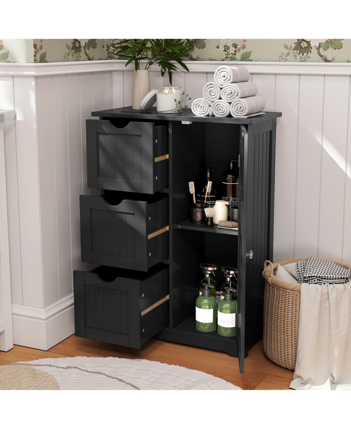 sumyeg Bathroom Floor Side Storage Cabinet with 3 Drawers and 1 Cupboard