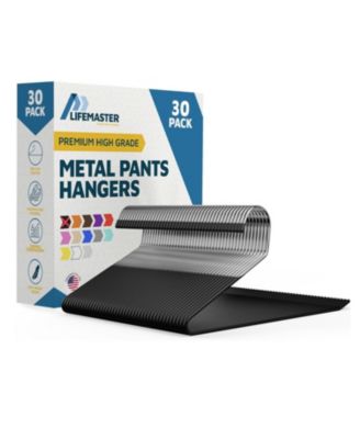 30-piece metal pants hanger set with non-slip rubber coating and open-ended design. Space-saving for pants, jeans & blankets.