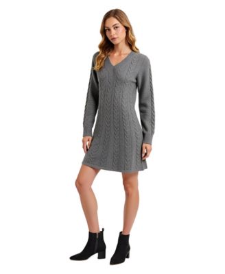 Women's Cable Knit V-Neck Long Sleeve Sweater Dress