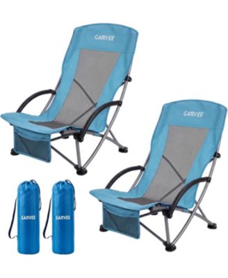 2 Pack Folding Portable High Beach Chair with Cup Holder, Storage Pocket and Carry Bag for Camping, Beach, Travel