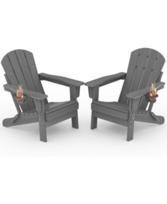HDPE Folding Adirondack Chair Set of 2 with Cup Holder Wood Grain Weather Resistant for Patio Deck Fire Pit