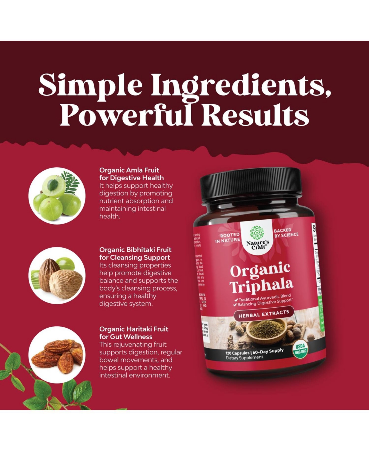 Nature's Craft Organic Triphala Ayurvedic Blend, 120 Count