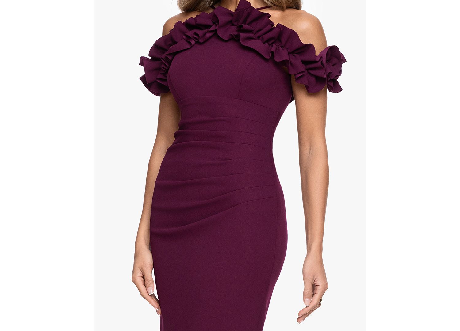 Petite Halter-Strap Ruffled Gown