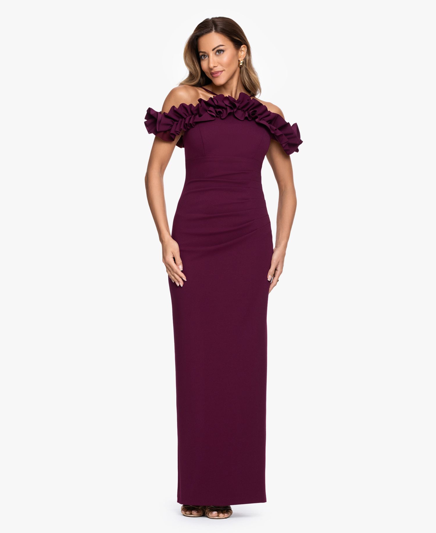 Petite Halter-Strap Ruffled Gown