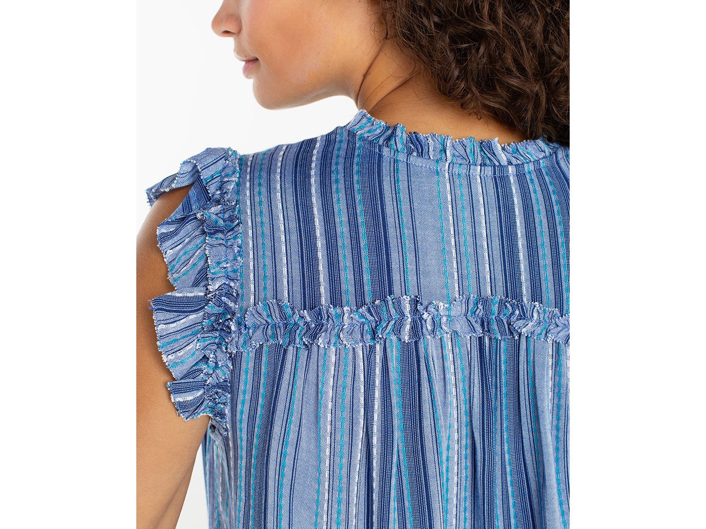 Женский топ Liverpool Los Angeles Striped Flutter-Sleeve, цвет: Шамбре / Бирюзовый разноцветный полосатый — фото 3