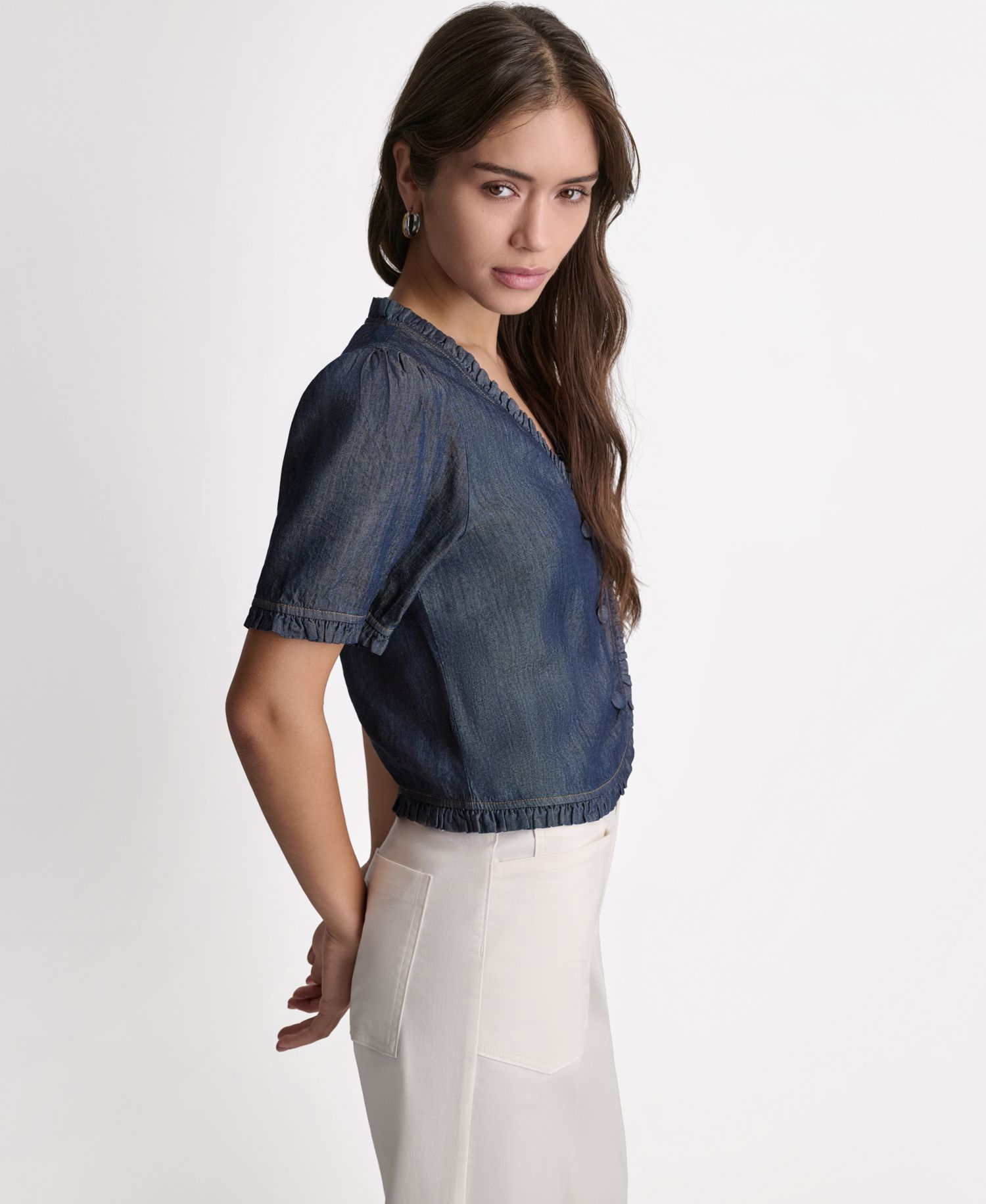 Women's Short-Sleeve Ruffle Detail Button-Front Top