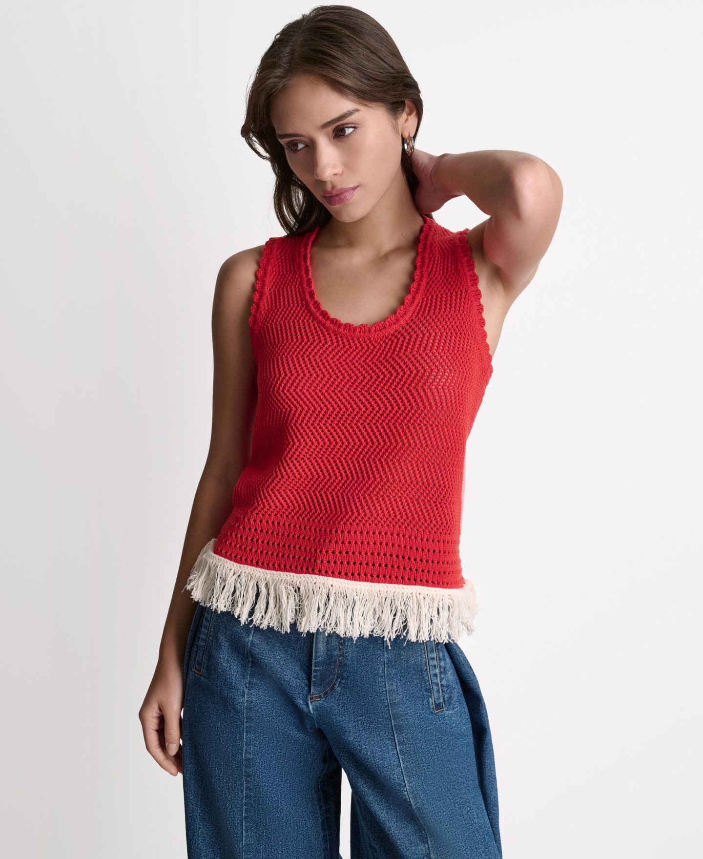 Женский топ BCBG Fringe Pointelle Scoop Neck, цвет: Firelily/Buttercream — фото 4