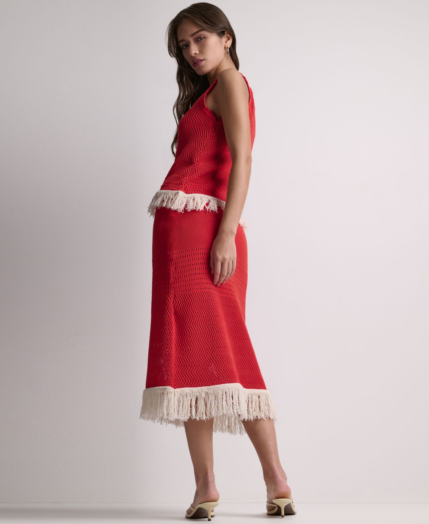 Женская юбка BCBG Fringe Pointelle A-Line Midi, цвет: Firelily/Buttercream — фото 7