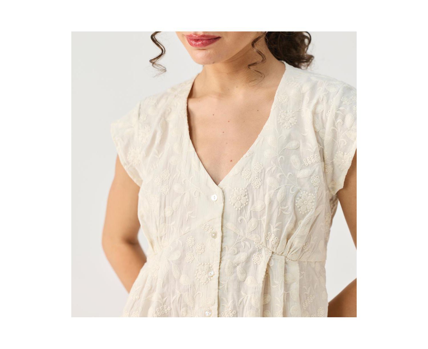 Women's Cream Embroidered Deep V-Neck Top