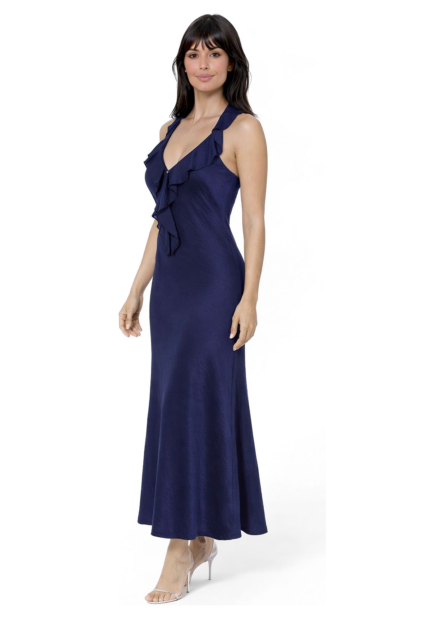 Женское платье Bebe Crushed Satin Ruffle Halter Maxi, цвет: Тёмно-синий — фото 2