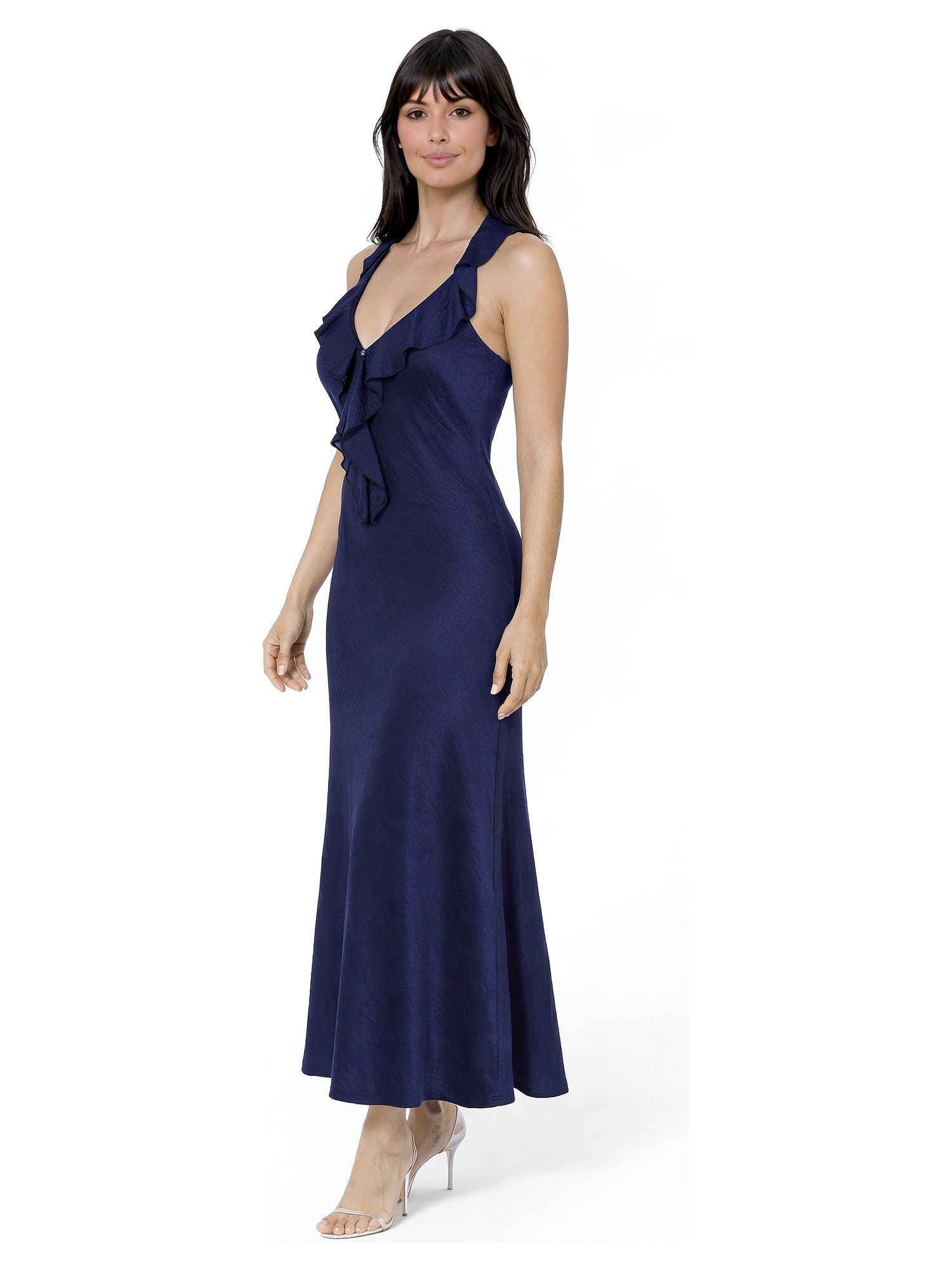 Women's Crushed Satin Ruffle Halter Maxi Dress