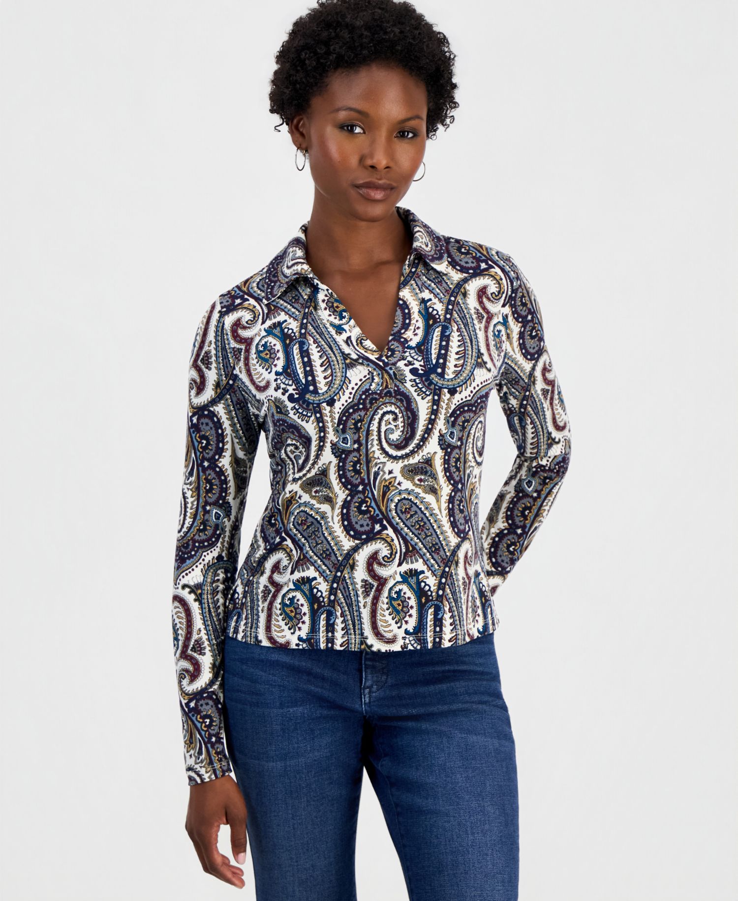 Petite Paisley Long-Sleeve Johnny Collar Top