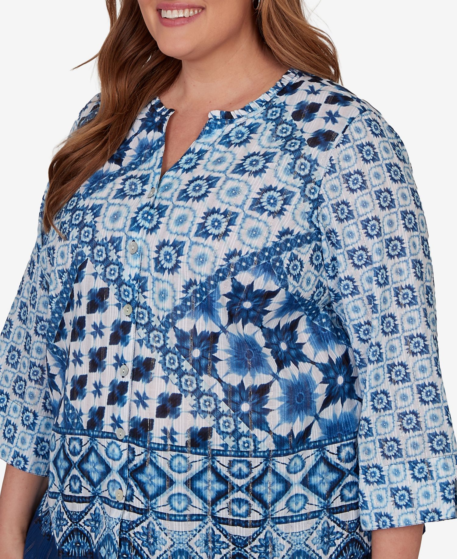 Plus Size Ikat Tie-Dye Patchwork Henley Top