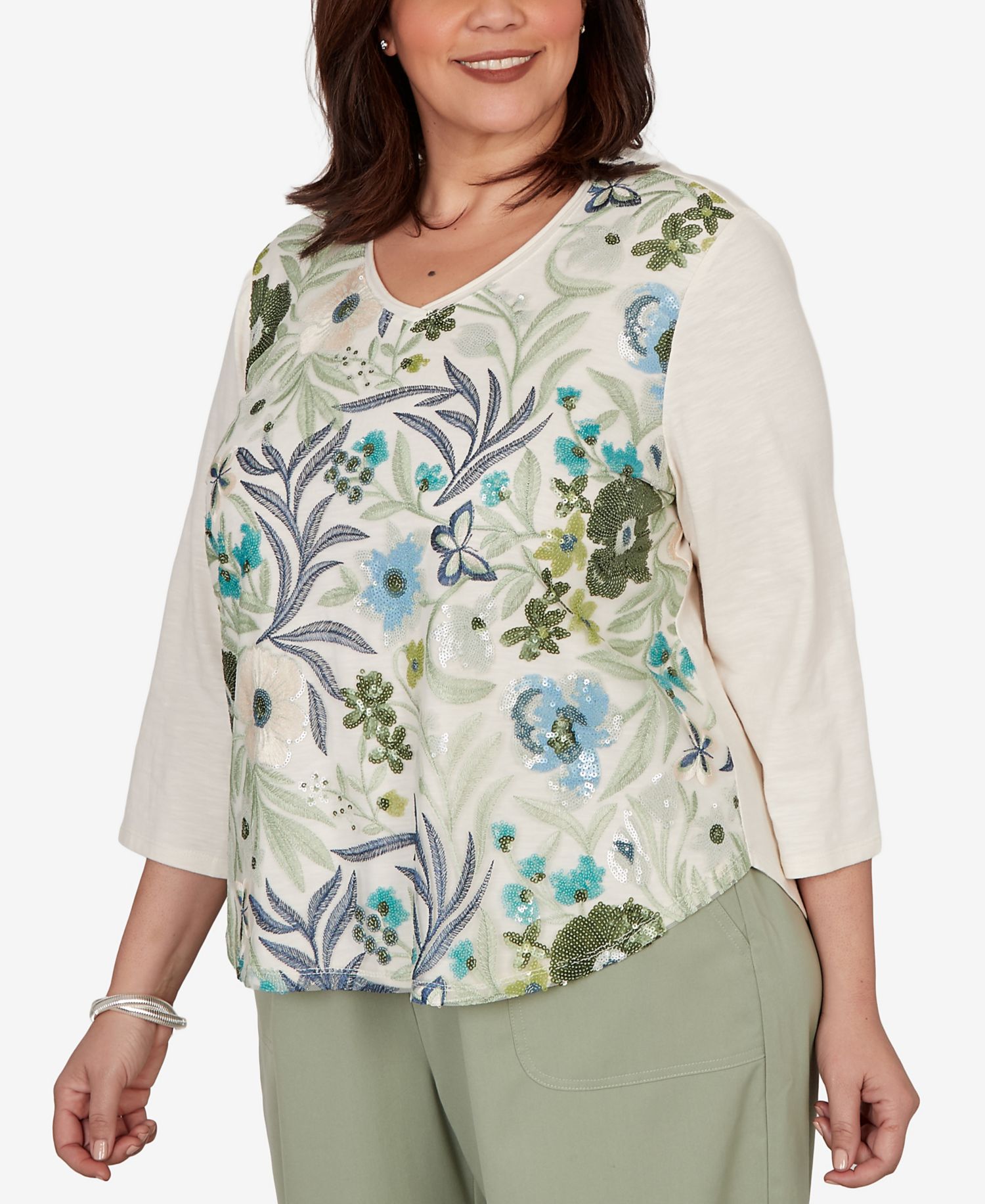 Plus Size Sequined Floral Mesh Overlay Knit Top