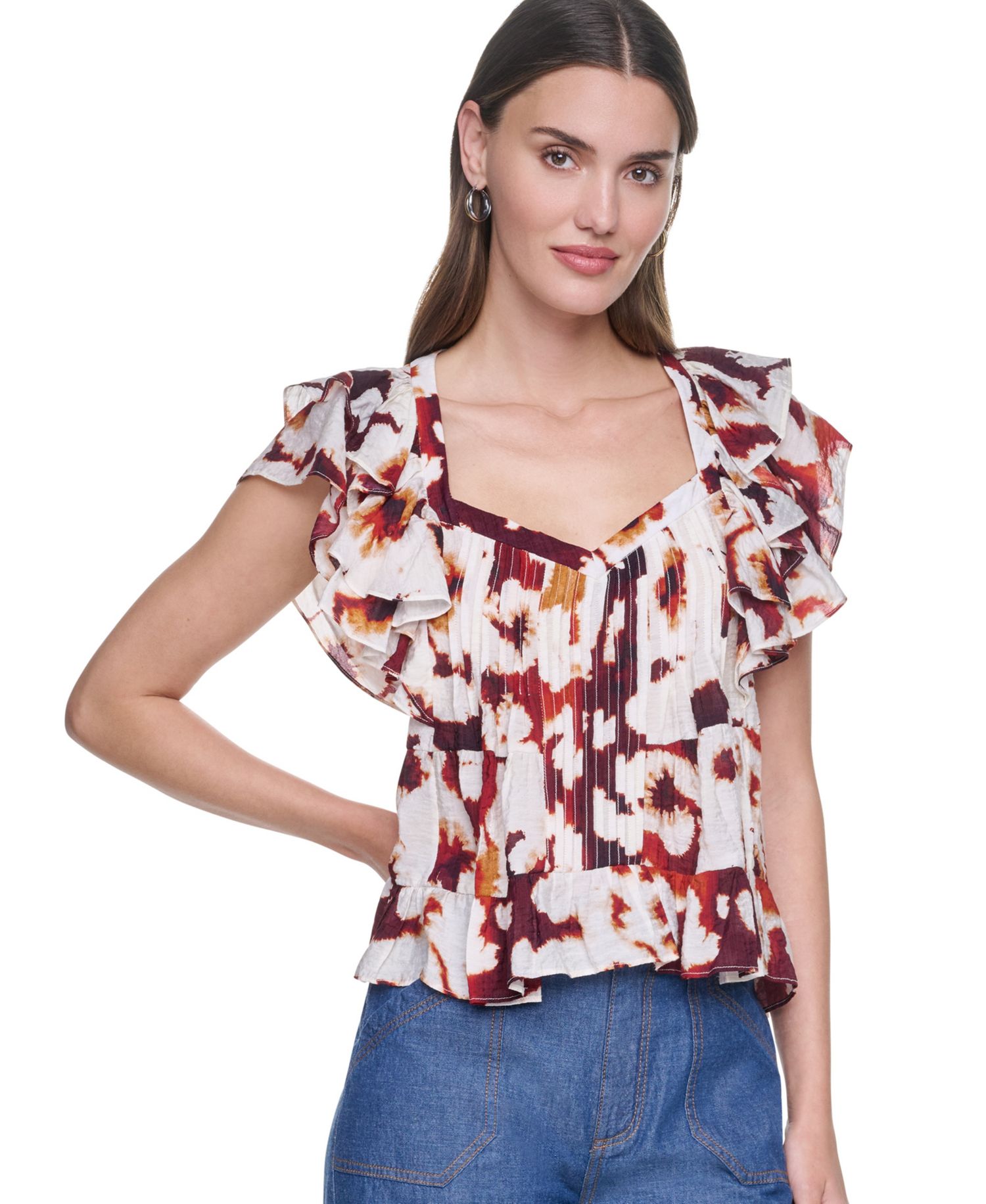 Women's Printed Flutter-Sleeve Pleated Blouse