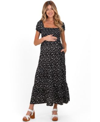 Women's Black Floral Smocked Puff Sleeve Maxi Dress