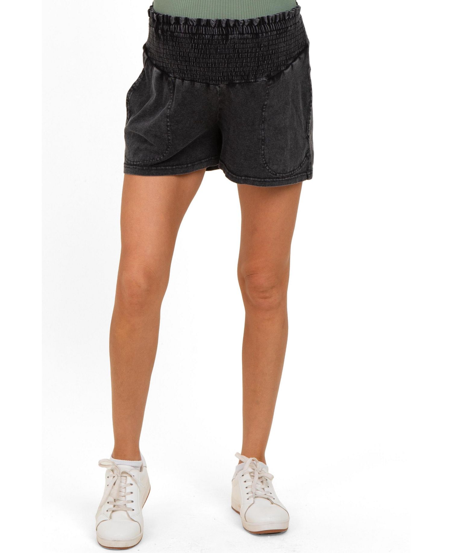 Women's Black Smocked Waist Mineral Wash Shorts