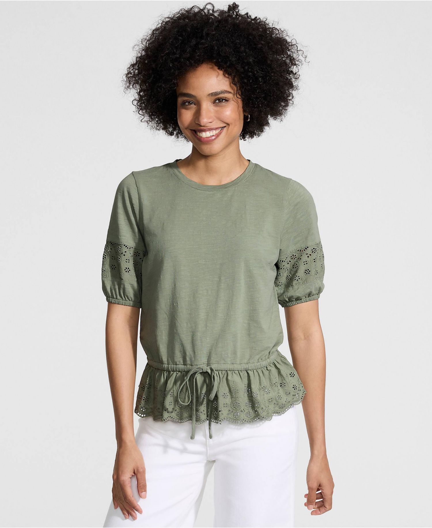 Women's Elbow Sleeve Slub Lace Trim Adjustable Hem Top