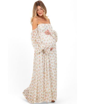 Maternity Orange Floral Lace Smocked Long Sleeve Off Shoulder Maxi Dress
