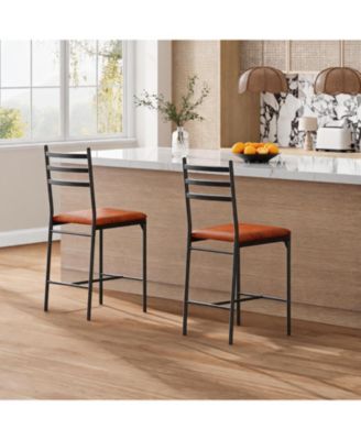 Set of 2 Modern Counter Height Bar Stools with Thick PU Leather Cushion - Curved Back, Waterproof Metal Dining Chairs