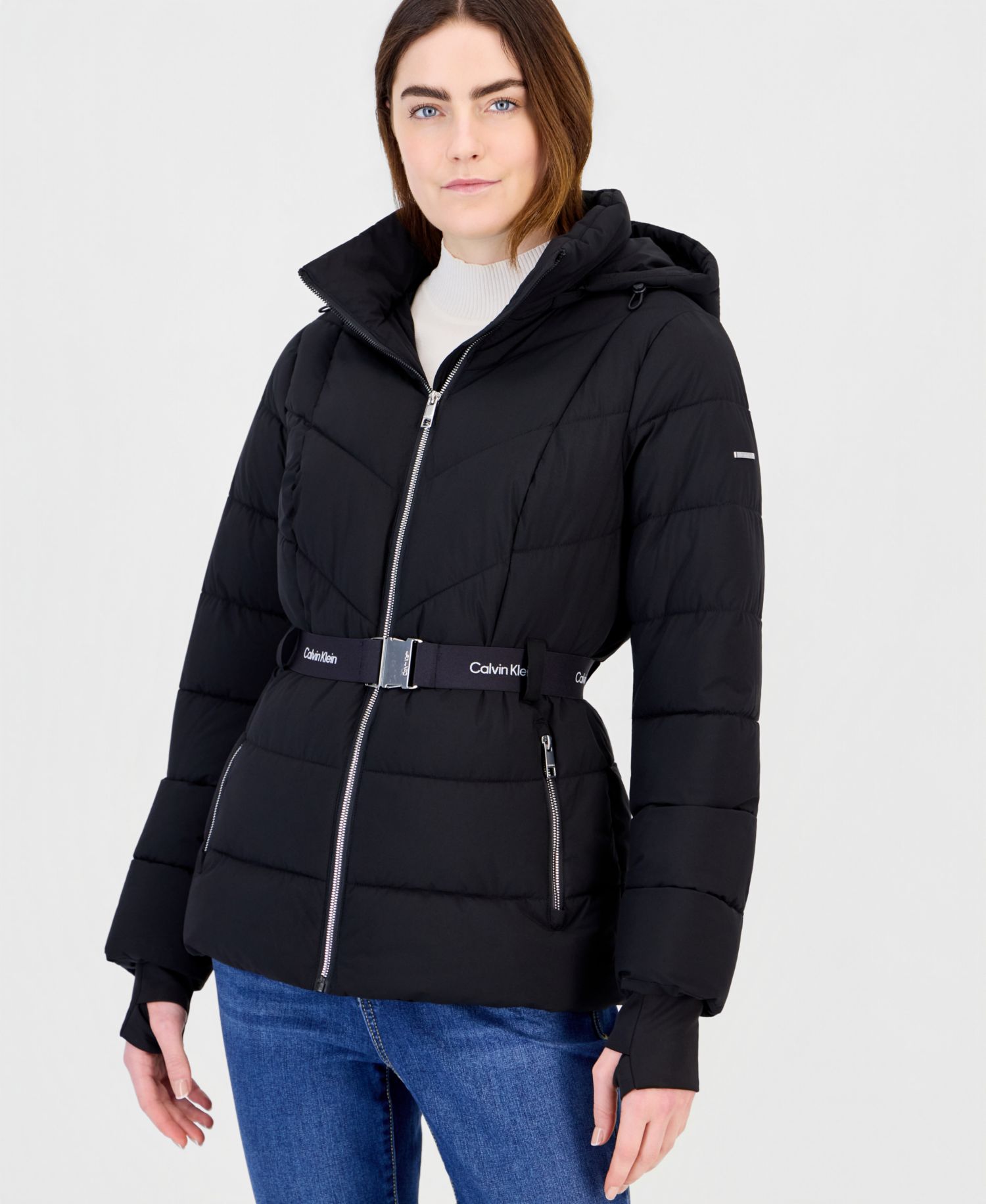 Women's Belted Thumbhole Cuff Puffer Coat