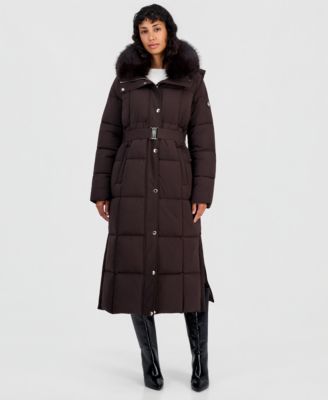 Women's Hooded Puffer Belted Faux-Fur-Collar Coat