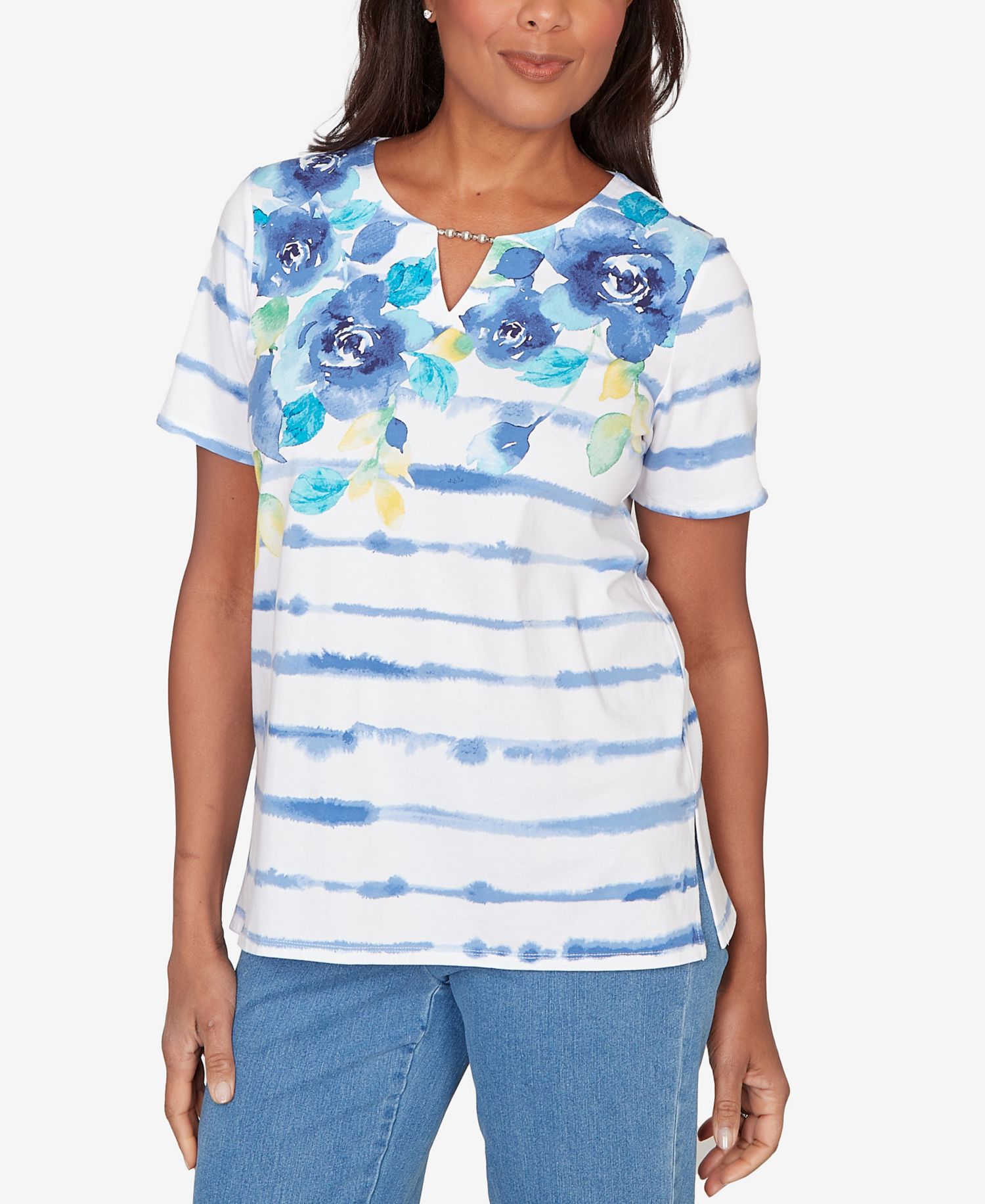 Petite Striped Floral Split Neck Top