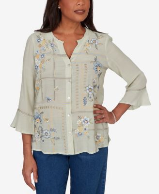 Petite Indigo Girls Floral Embroidered Squares Button-Front Top
