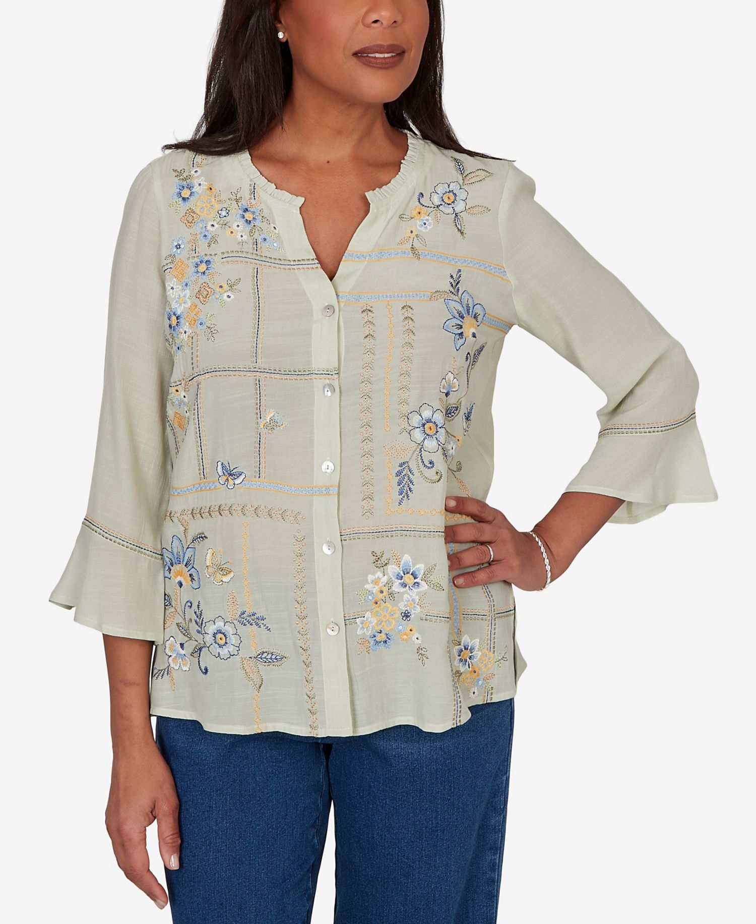 Petite Floral Embroidered Squares Button-Front Top