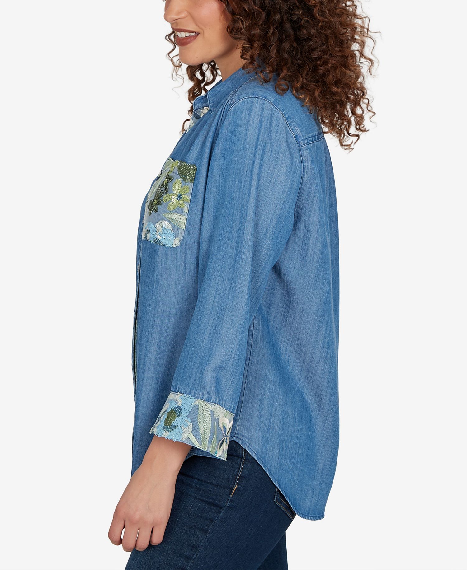 Petite Soft Lyocell Denim Sequined Button-Front Top