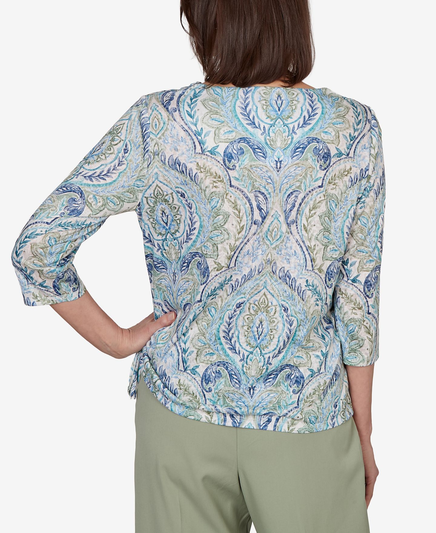 Женский топ Alfred Dunner Petite Medallion Print Braided Neck, цвет: Синий разноцветный — фото 5