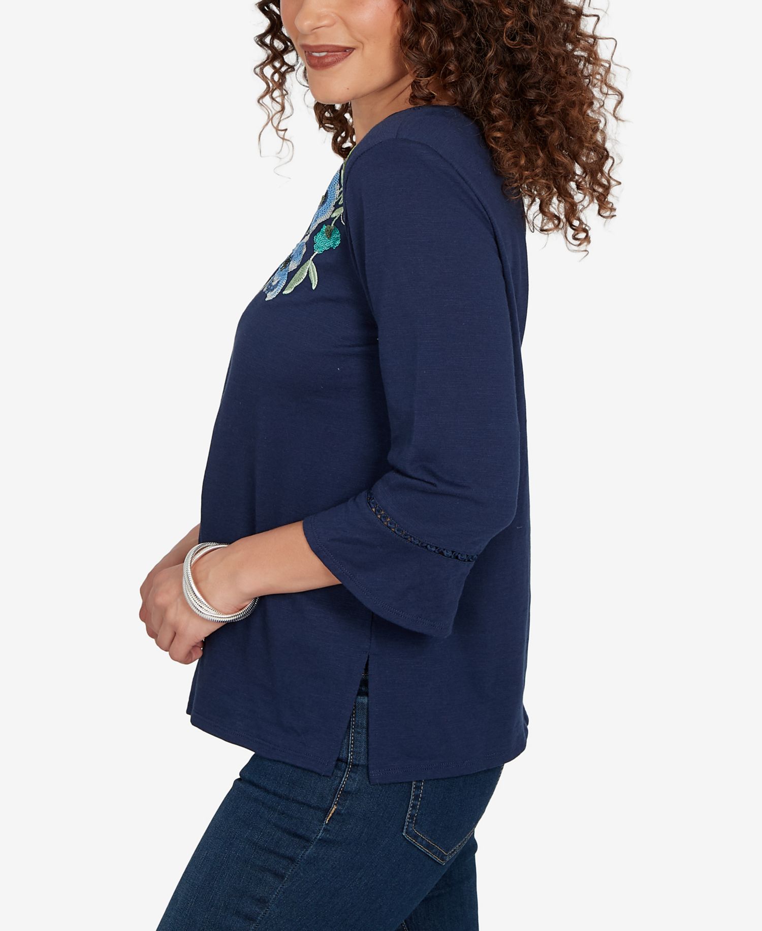 Petite Asymmetric Sequin Flowers Knit Top