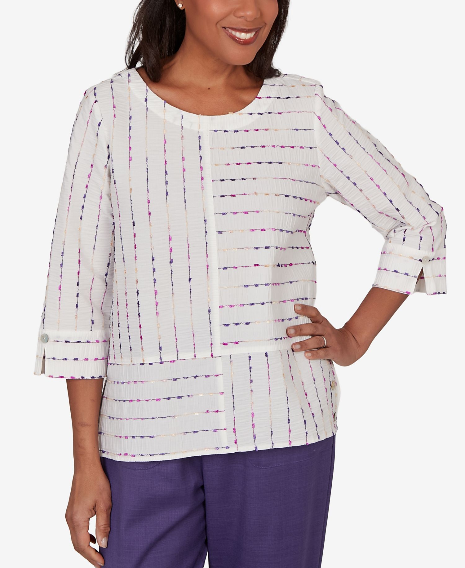 Petite Grand Bazaar White Textured Rainbow Stripe Top