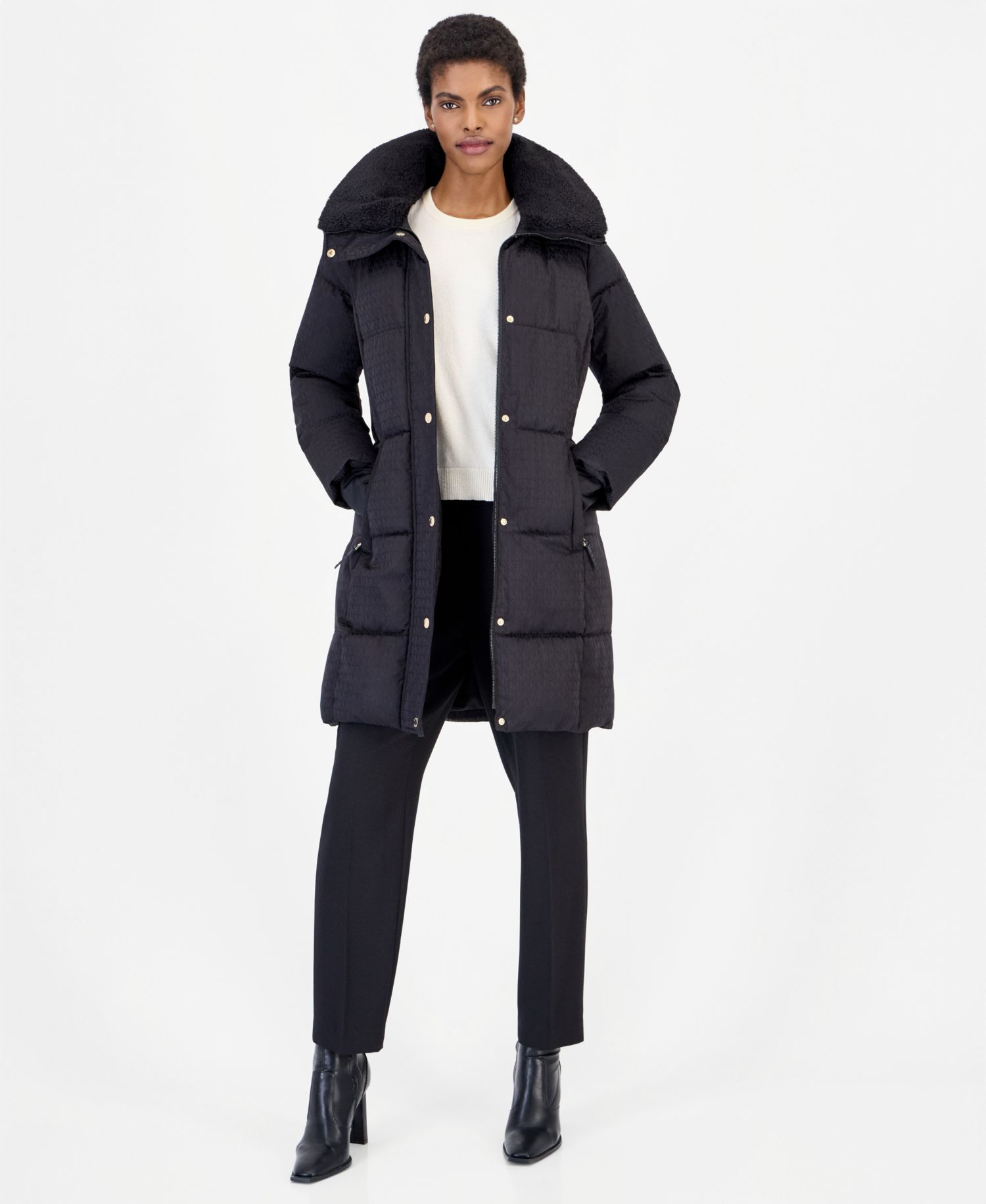 Women's Sherpa-Lined Puffer Coat with Detachable Faux Fur Collar