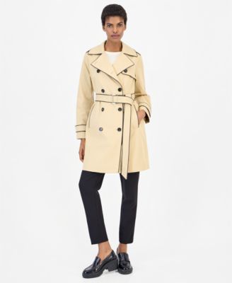Women's Faux Leather-Trim Button-Front Trench Coat