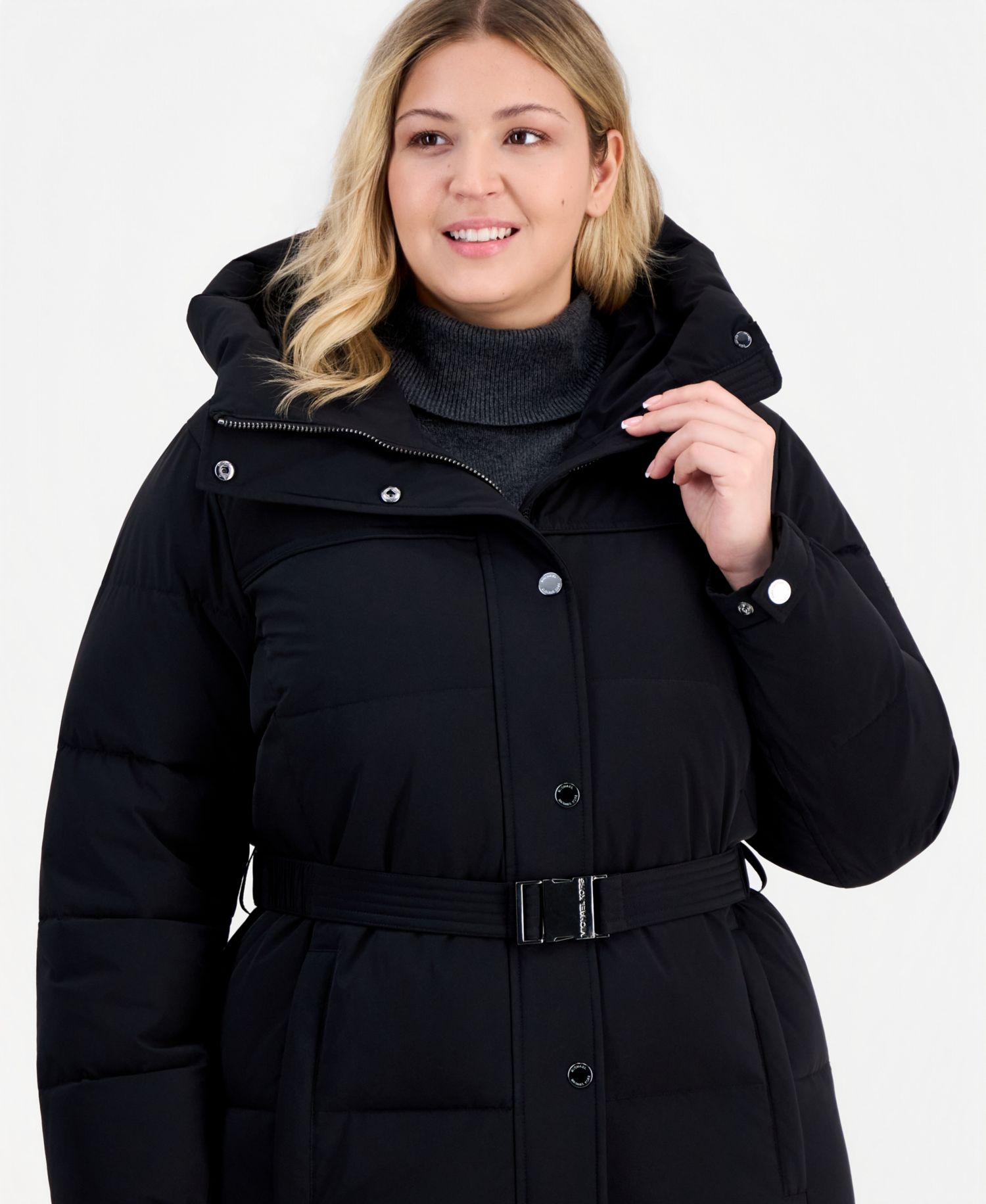 Plus Size Hooded Belted Puffer Coat