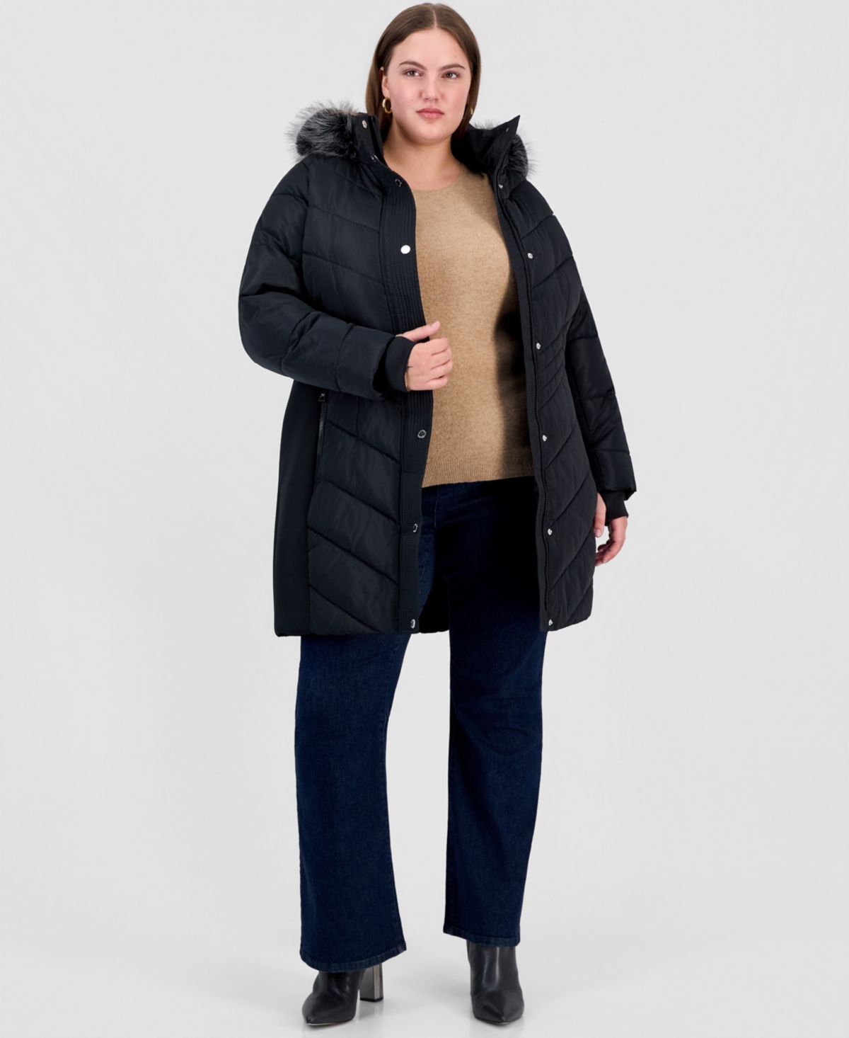 Michael Kors Plus Hooded Faux Fur Trim Puffer Coat, Created for Macy's
