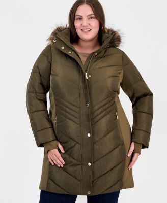 Plus Size Hooded Faux Fur Trim Puffer Coat