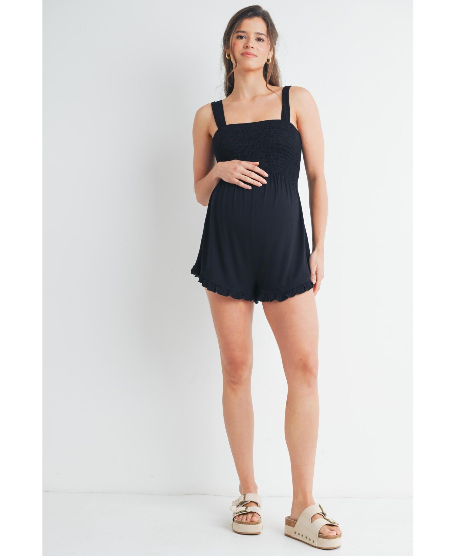 Maternity Smocked Square Neck Sleeveless Romper with Wide Straps