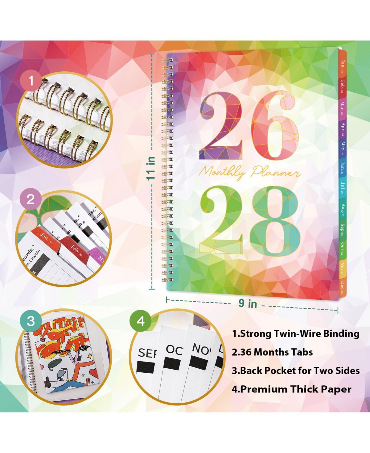 Gnuadz 2026-2028 Monthly Planner 3-Year Calendar Tabs Pocket