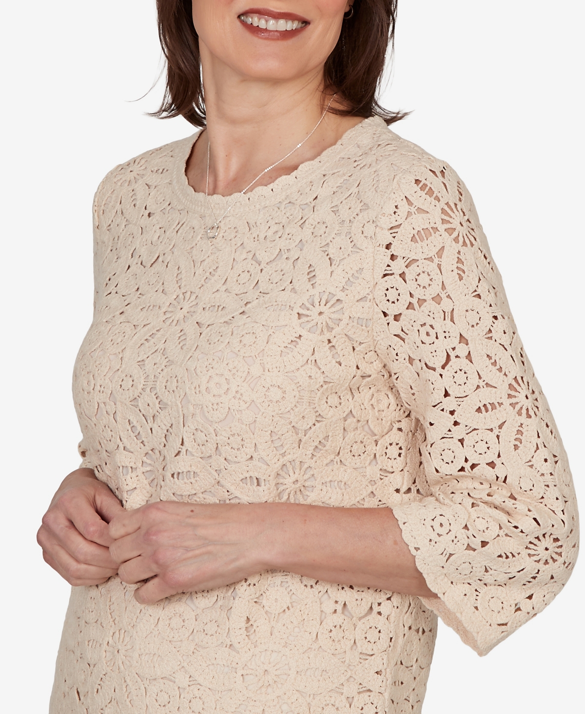 Alfred Dunner Women's Camden Market Floral Crochet Lined Knit Top