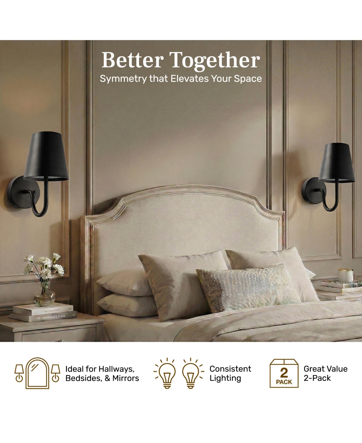 Bell + Howell Set of 2 Modern Metal Shade Dimmable Led Rechargeable Cordless Touch Control Lights Wall Sconces