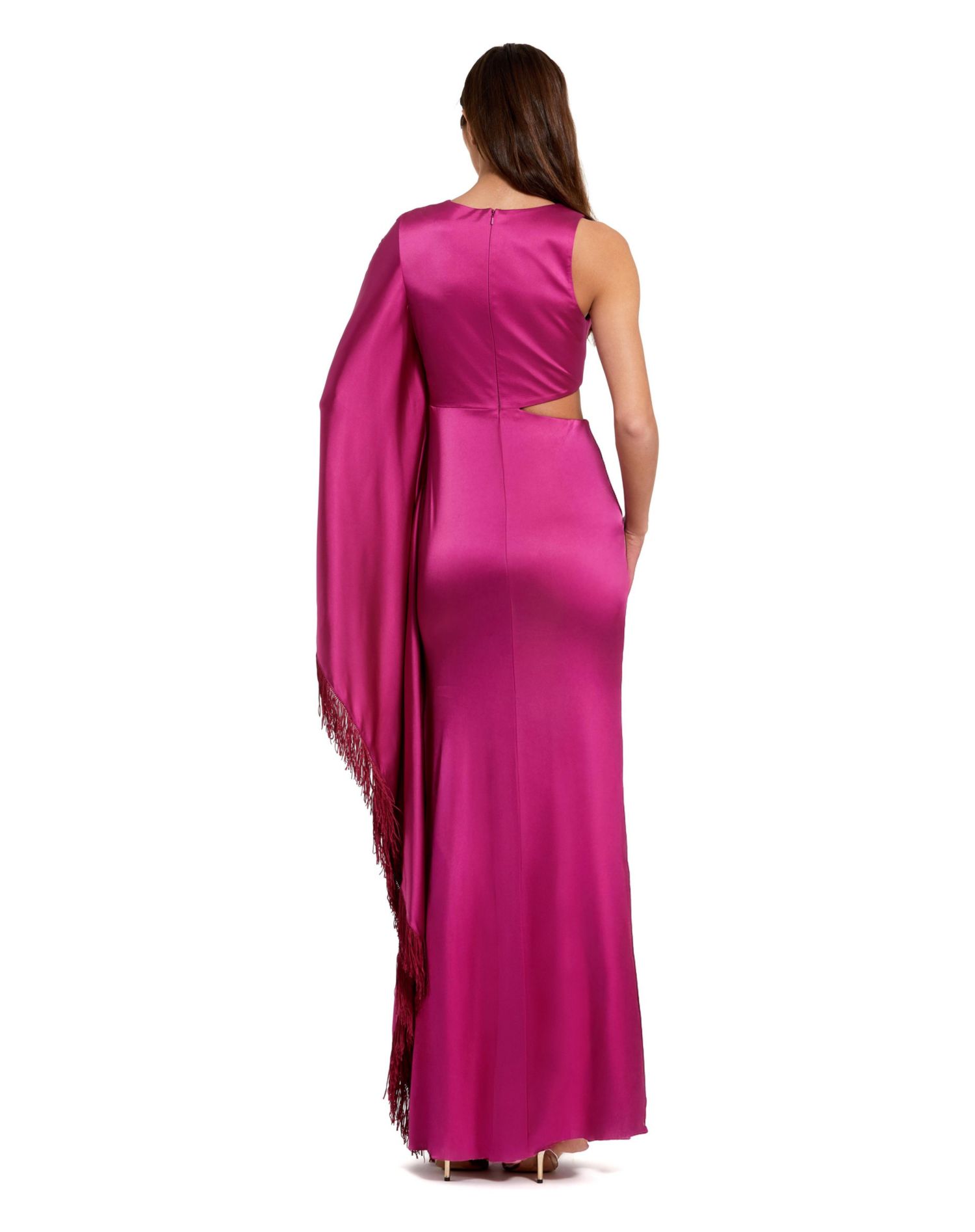 Women's Charmeuse Kaftan Sleeve Assymetrical Fringe Gown