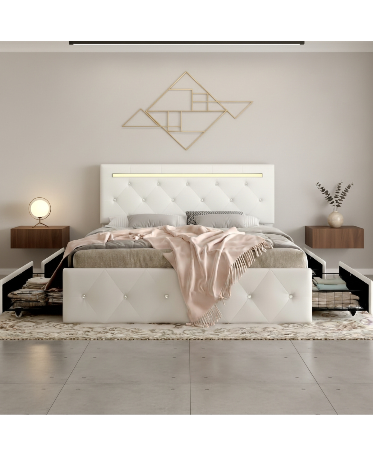 Streamdale Furniture Queen Bed Frame with Led Lights, 4 Storage Drawers and Charging Station