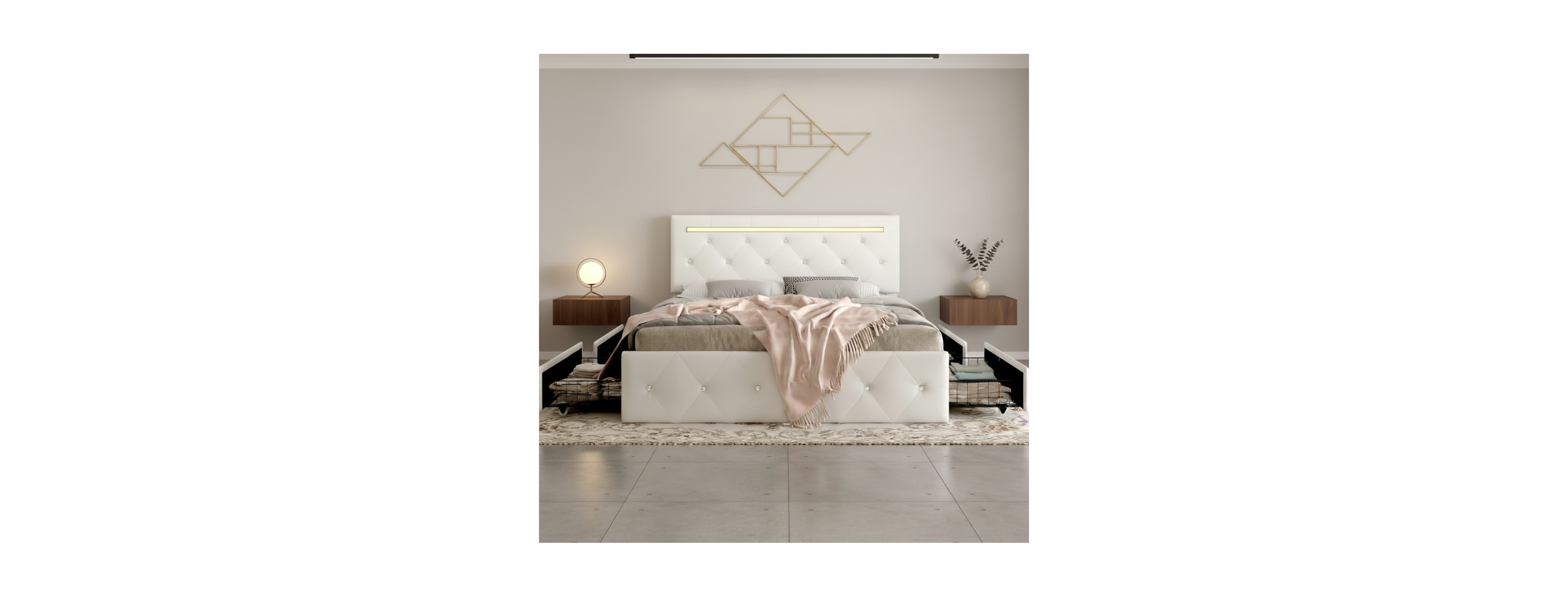 Streamdale Furniture Queen Bed Frame with Led Lights, 4 Storage Drawers and Charging Station